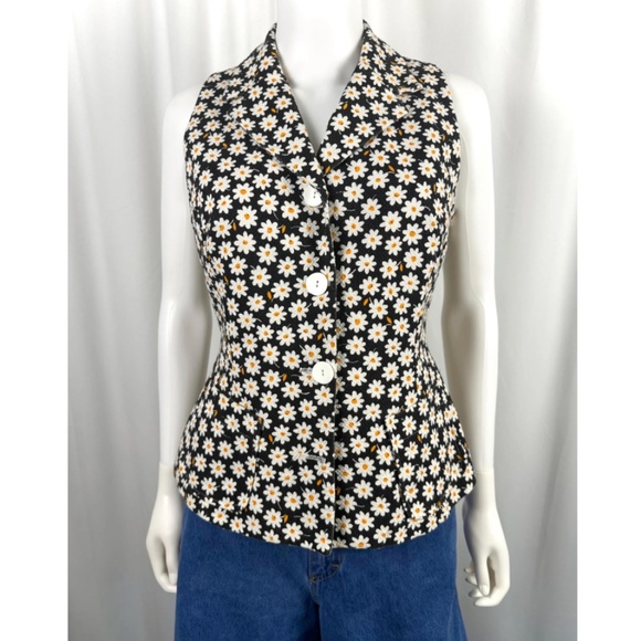 Vintage 2000’s ‘Sinequanone Paris’ Black and White Daisy Floral Vest - S/M - Picture 1 of 8
